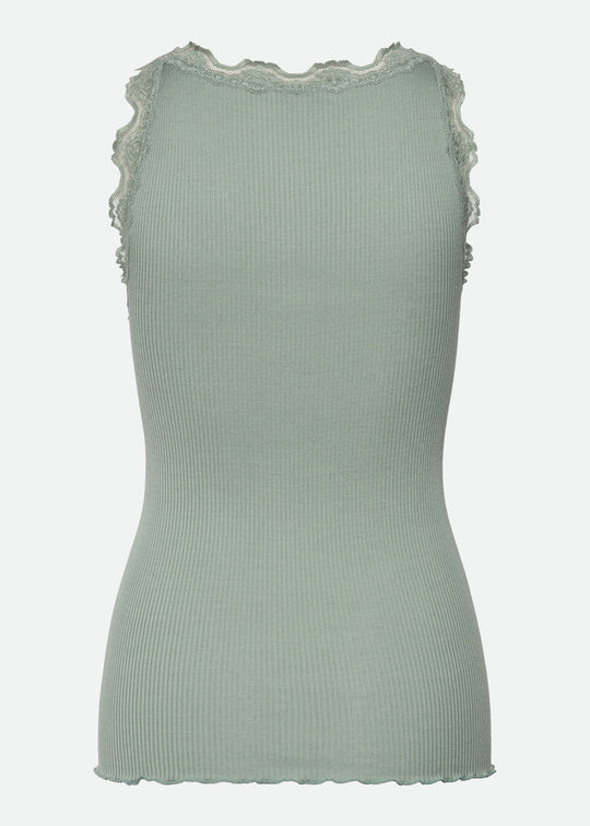 Rosemunde Beatha Silk SL V-neck Lace Top Green Milieu