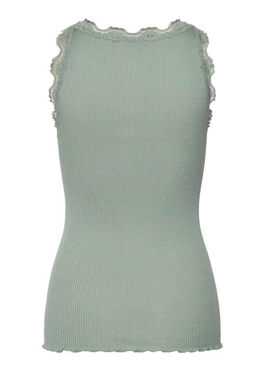 Rosemunde Beatha Silk SL V-neck Lace Top Green Milieu