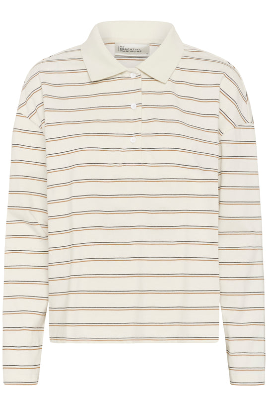 My Essential Wardrobe AnnaMW LS Polo Blouse Snow White Striped