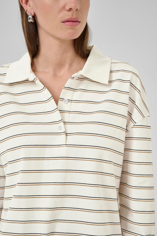 My Essential Wardrobe AnnaMW LS Polo Blouse Snow White Striped