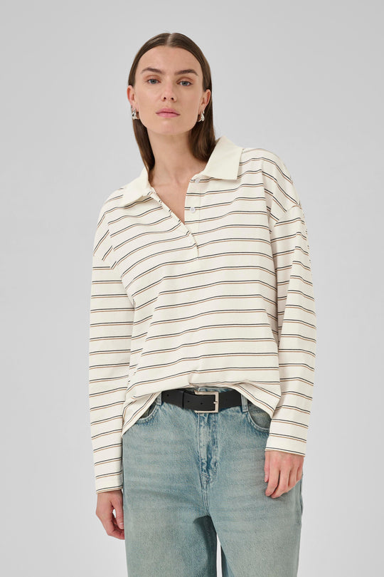 My Essential Wardrobe AnnaMW LS Polo Blouse Snow White Striped