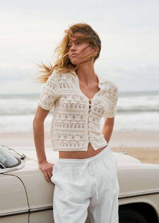 Neo Noir Marisini Stitch Polo Knit Top Off White