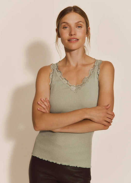 Rosemunde Beatha Silk SL V-neck Lace Top Green Milieu