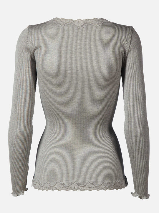 Rosemunde Babette Silk LS V-neck Lace Cardigan Light Grey Melange