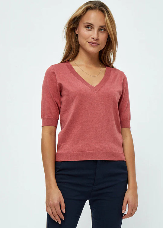 MSMilla V-Neck Knit Tee 4201M Dusty Cedar Red Melange