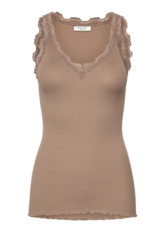 Rosemunde Beatha Silk SL V-neck Lace Top Mocha Meringue