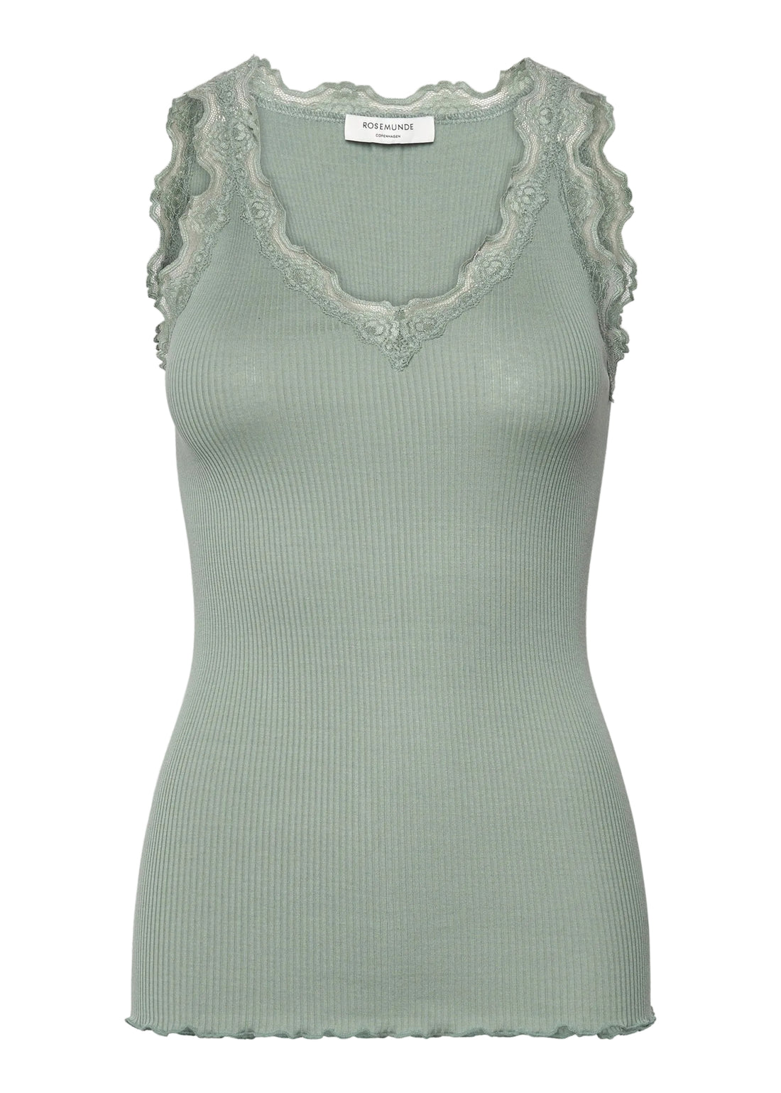 Rosemunde Beatha Silk SL V-neck Lace Top Green Milieu