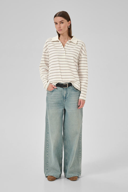 My Essential Wardrobe AnnaMW LS Polo Blouse Snow White Striped