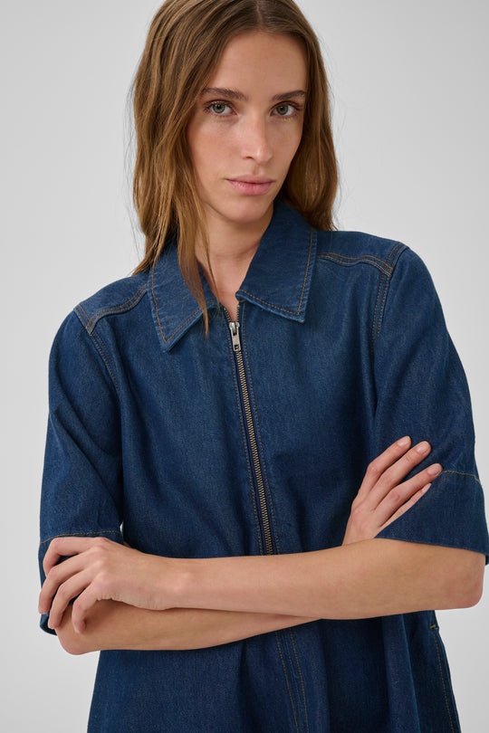 My Essential Wardrobe MWMalo 181 Short ZipDress Dark Blue Un-Wash