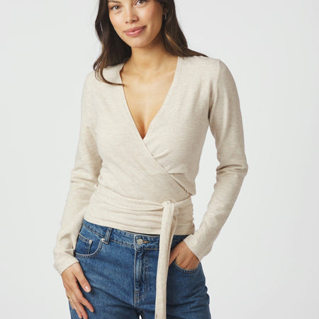 Neo Noir Tilfa knit wrap blouse sand