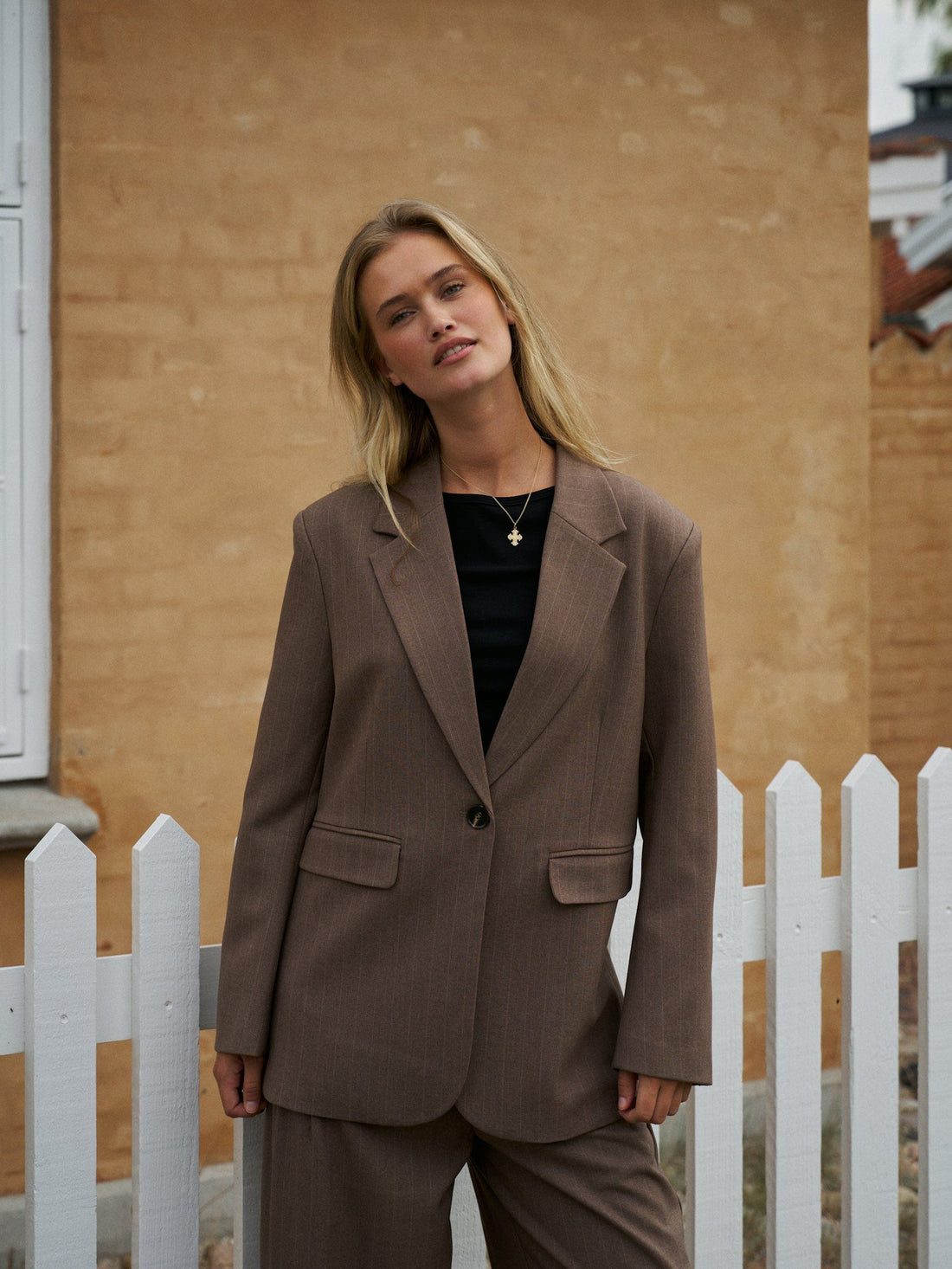 Neo Noir Gaby Pinstripe Blazer Taupe