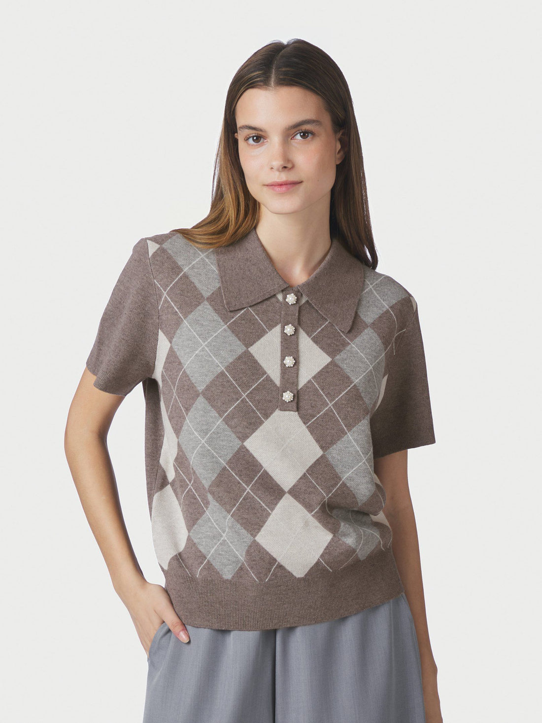 Neo Noir Gia Check Knit Blouse Dark Taupe