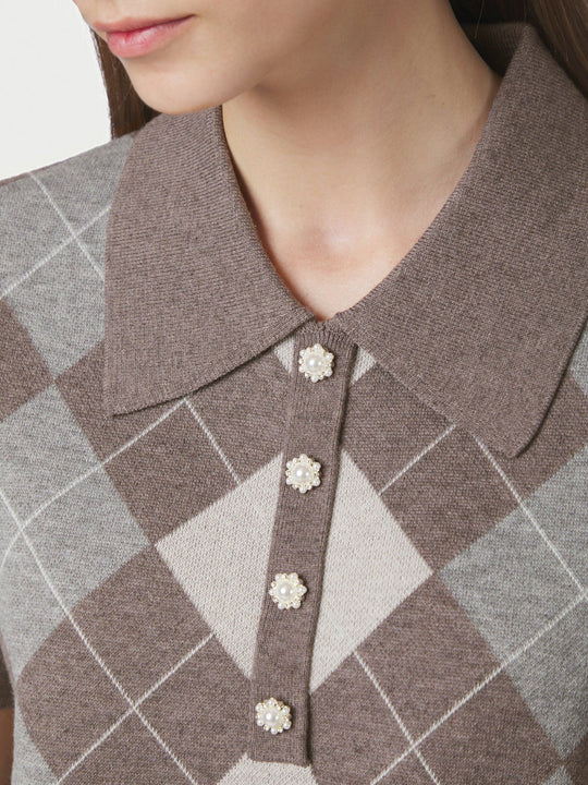 Neo Noir Gia Check Knit Blouse Dark Taupe