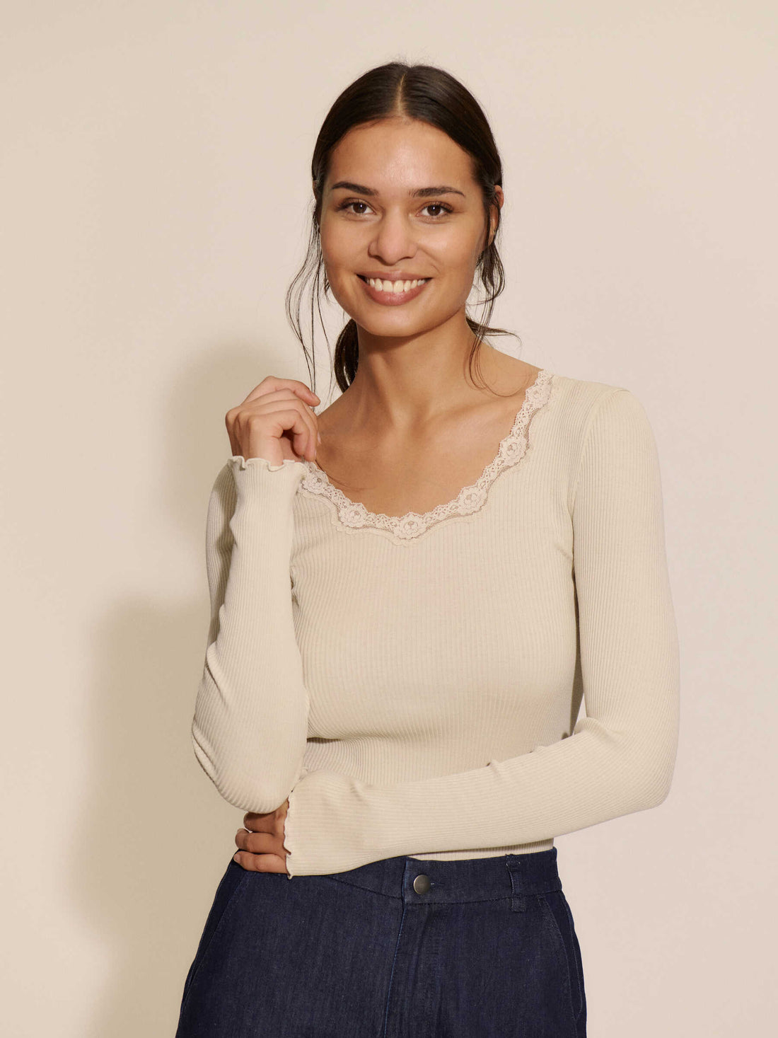 Rosemunde Babette Silk LS U-neck Lace T-shirt Rainy Day