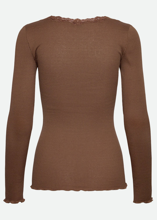 Rosemunde Babette Silk LS U-neck Lace T-shirt Coca Mocha