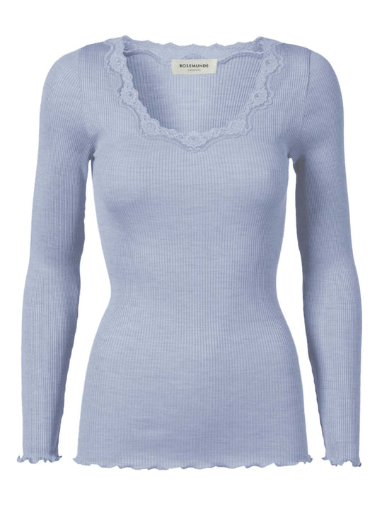 Rosemunde Babette Silk LS U-neck Lace T-shirt Heather Sky