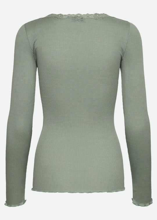 Rosemunde Babette Silk LS U-neck Lace T-shirt Green Milieu