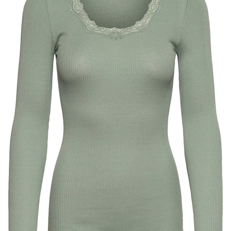 Rosemunde Babette Silk LS U-neck Lace T-shirt Green Milieu