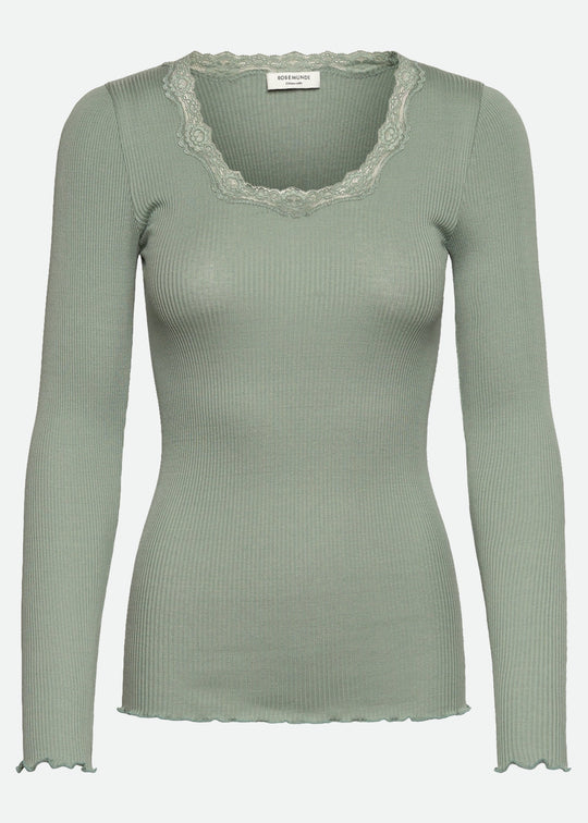 Rosemunde Babette Silk LS U-neck Lace T-shirt Green Milieu