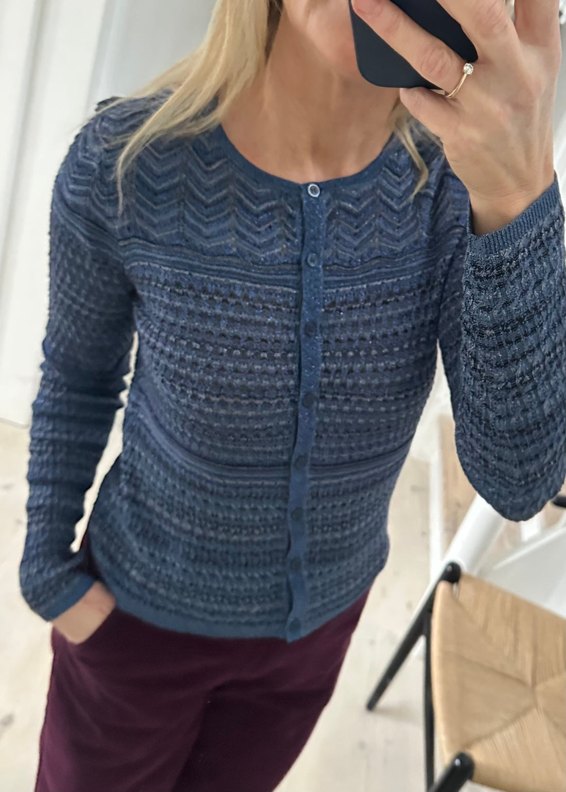 Neo Noir Gini Chevron Knit Cardigan Navy