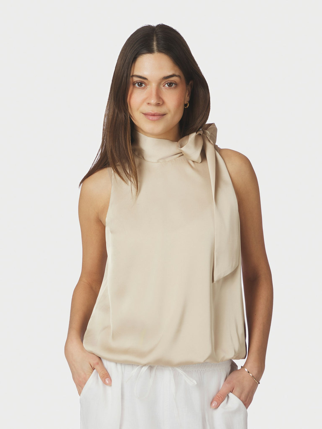 Neo Noir Veda Drapy Satin Top Dark Sand