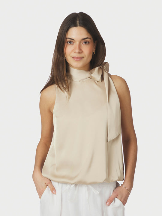 Neo Noir Veda Drapy Satin Top Dark Sand