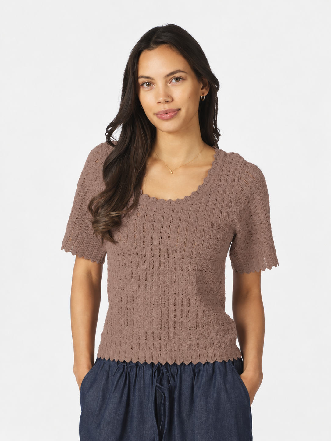 Neo Noir Meiko Fine Crochet Blouse Taupe