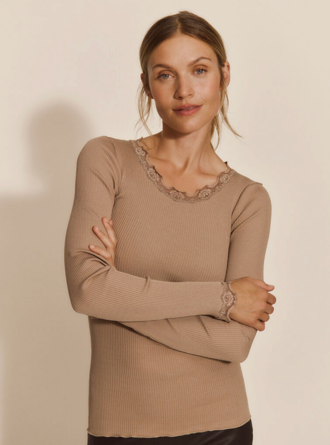 Rosemunde Babette Silk LS Lace T-shirt Mocha Meringue