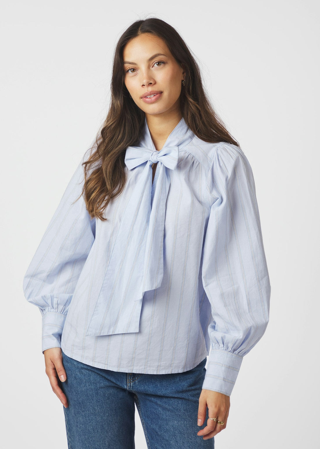 Neo Noir Jaz Bow Stripe Blouse Light Blue