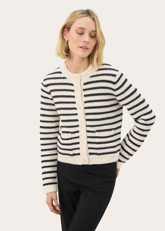 Part Two ElmiePW Cardigan off-white navy stripe