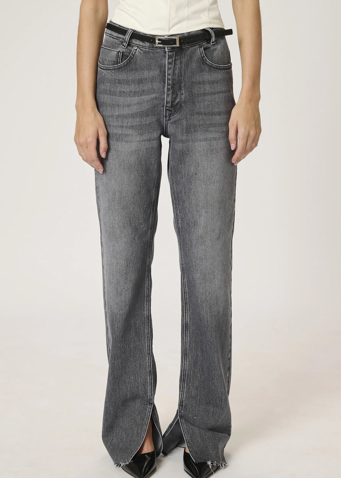 My Essential Wardrobe DaisyMW Denim High Straight Slit Dark Grey Retro Wash
